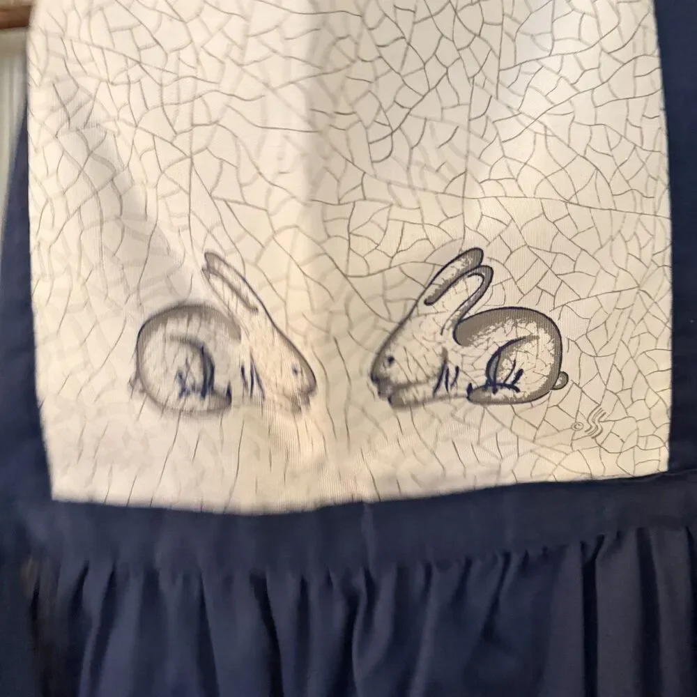 Stevens Linen Bunny Rabbit Kitchen Apron Dedham Pottery Inspired Long W/ Ruffle